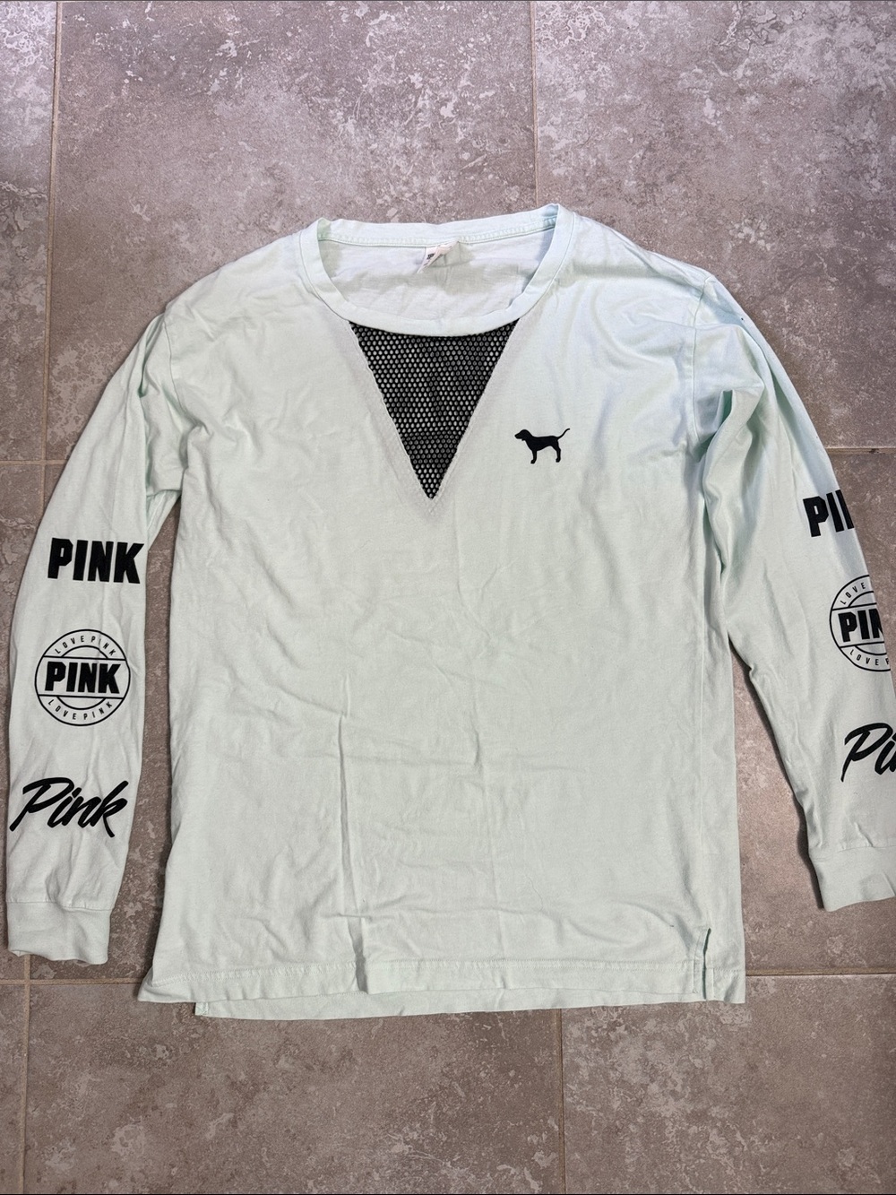 VS PINK Mint Green Mesh V-Neck Long Sleeve Campus Tee Graphic Sleeves Size S
